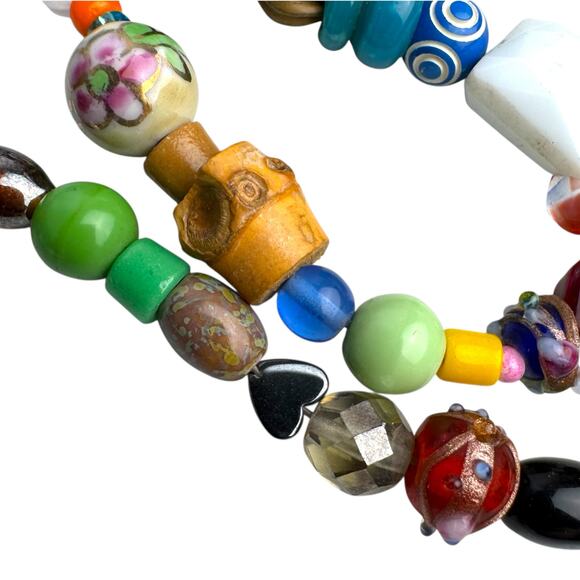 Eclectic Artisan Beaded Necklace Mixed Media Glass Wood Ceramic Funky Boho - Picture 3 of 13